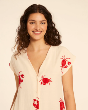VESTIDO ABOTONADO CON BORDADO DE CANGREJOS CREMA 7